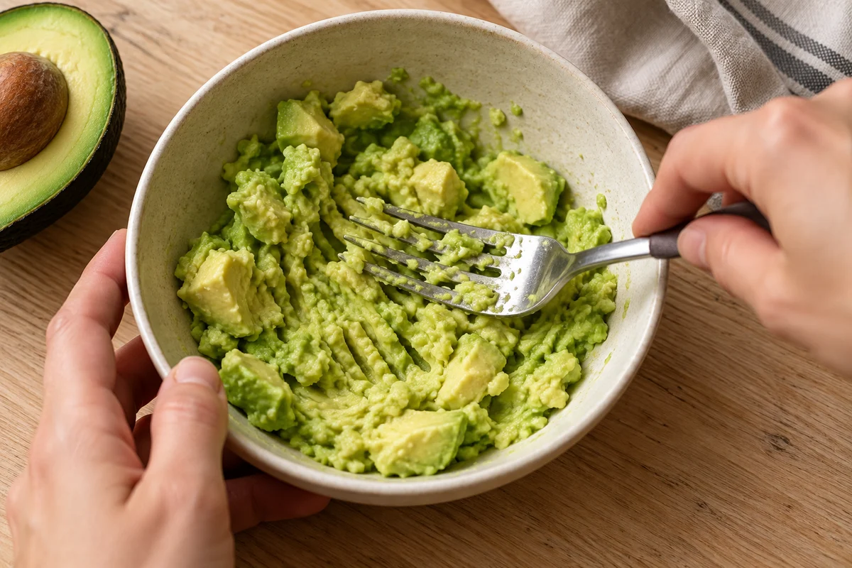 Eine Gabel zerdrückt Avocado in einer Schüssel; kleine Stückchen bleiben erhalten.