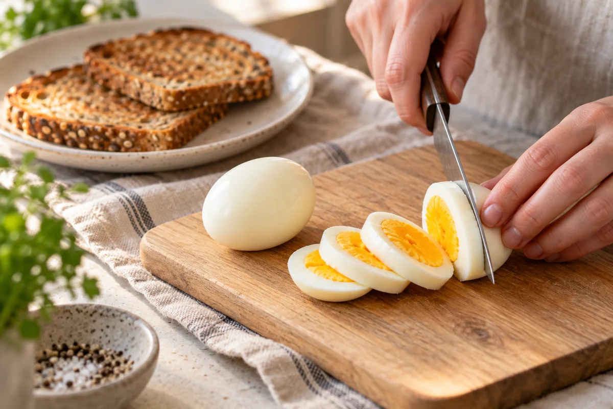 Ein gekochtes Ei wird in Scheiben geschnitten; geröstetes Vollkornbrot liegt bereit.