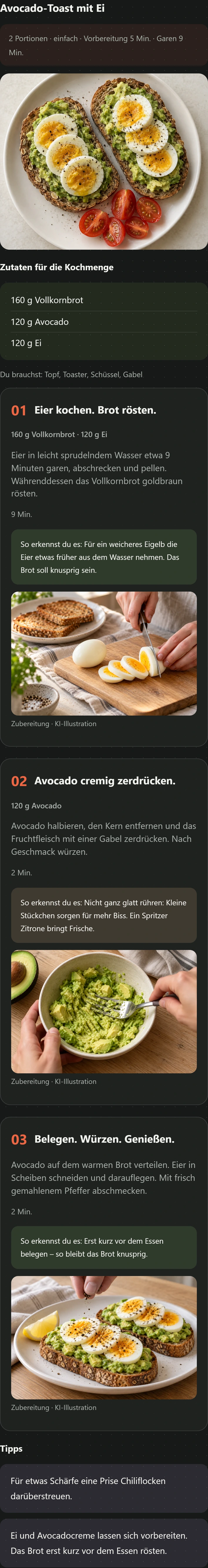 Avocado-Toast mit Ei: Zutaten, Eier kochen und Brot rösten, Avocado zerdrücken, belegen und servieren.