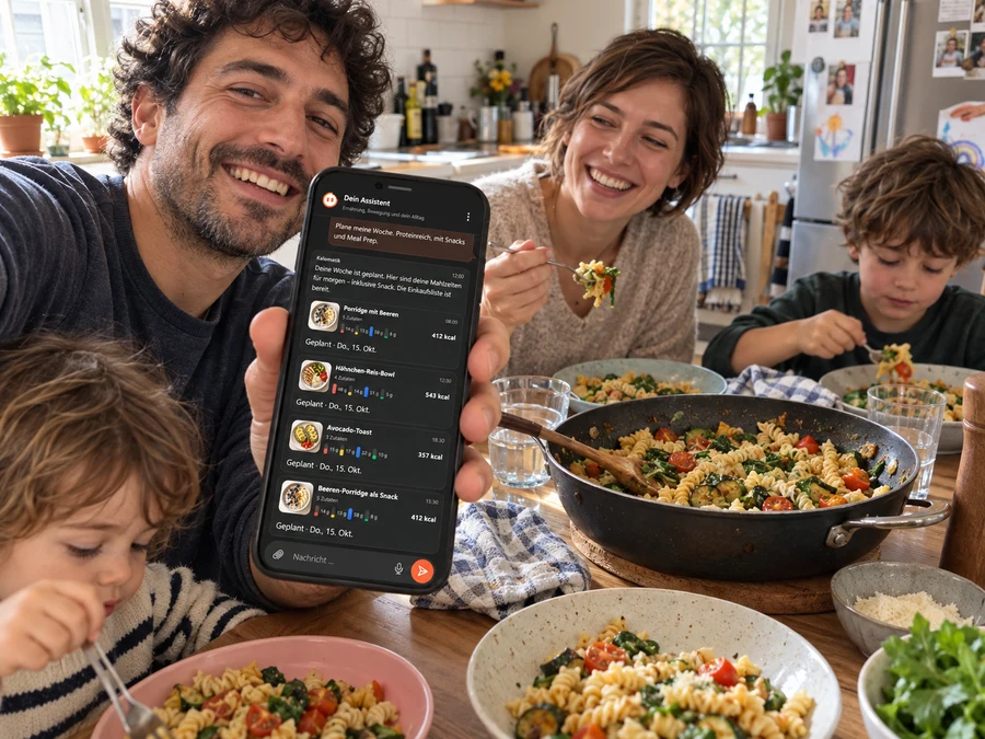 Beispielmotiv: Familie beim gemeinsamen Essen, der Vater zeigt den Assistenten auf seinem Handy.