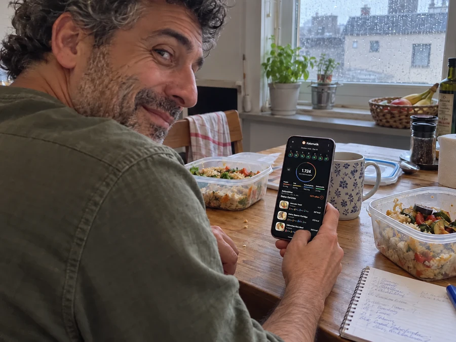 Blick über die Schulter beim Vorkochen mit dem fertigen Plan auf dem Handy.