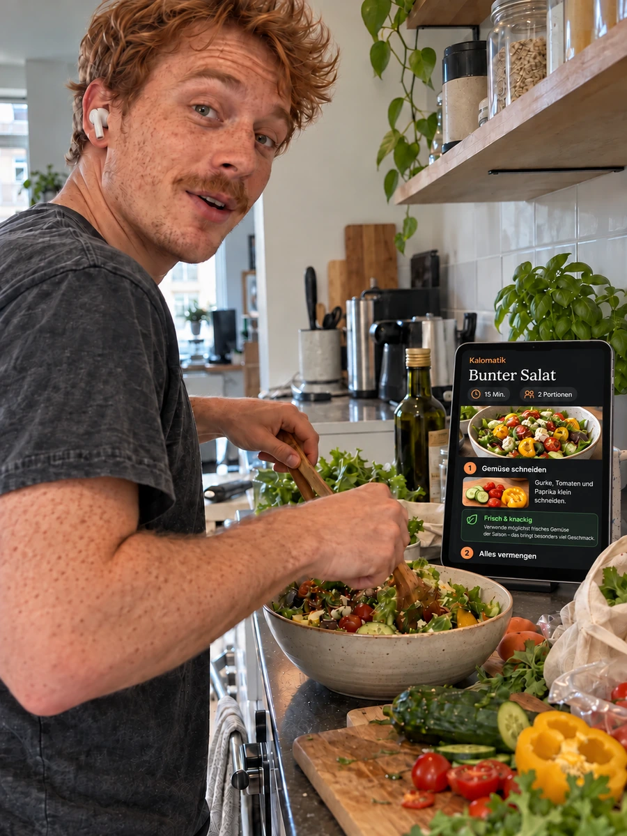 Beispielmotiv: Ein Mann bereitet Salat zu; sein Tablet zeigt ein bebildertes Salatrezept mit Zubereitung und Küchentipps.